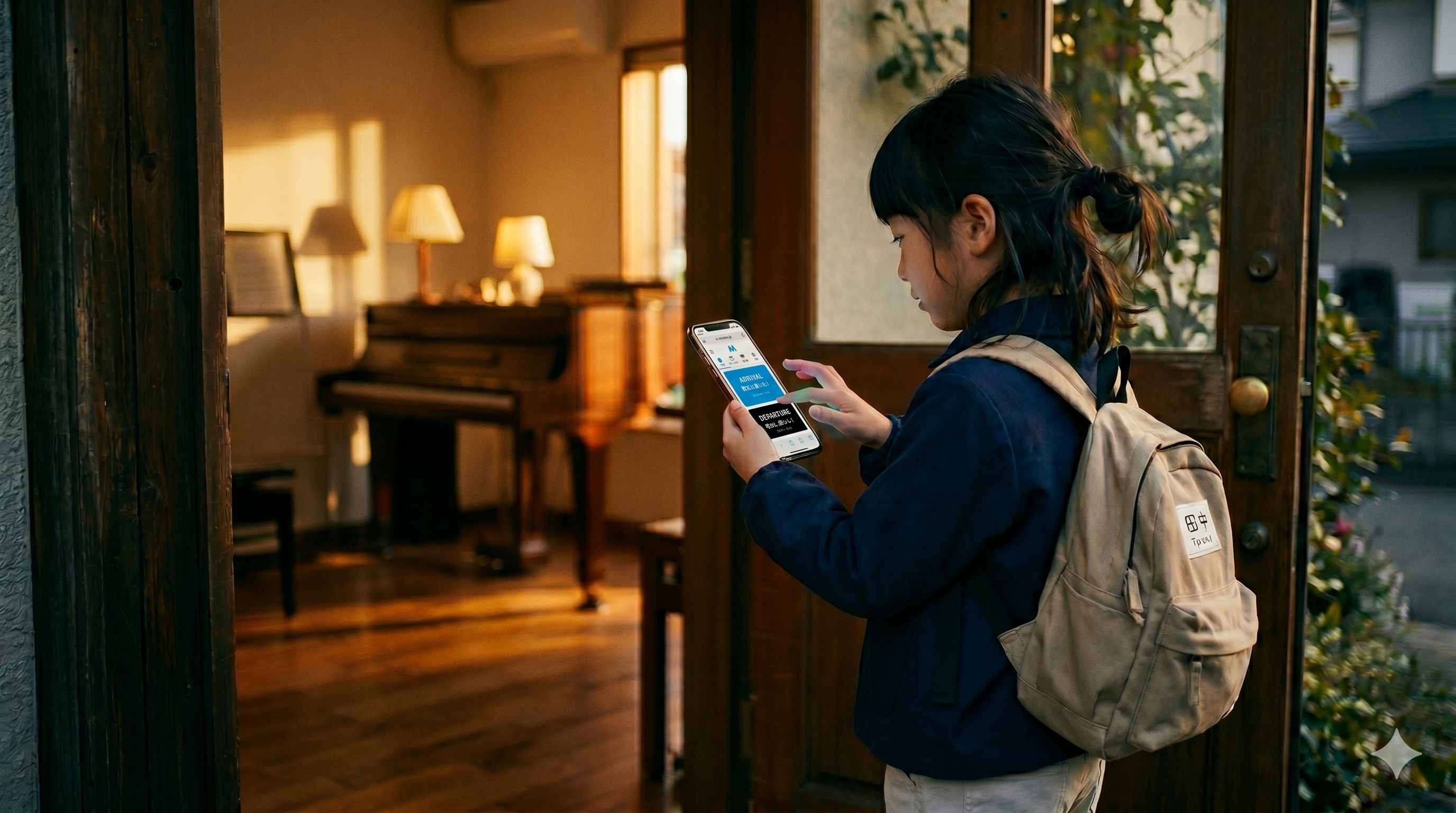 教室の前で子供がスマホの『ついたよ』 ボタンをタップしている様子