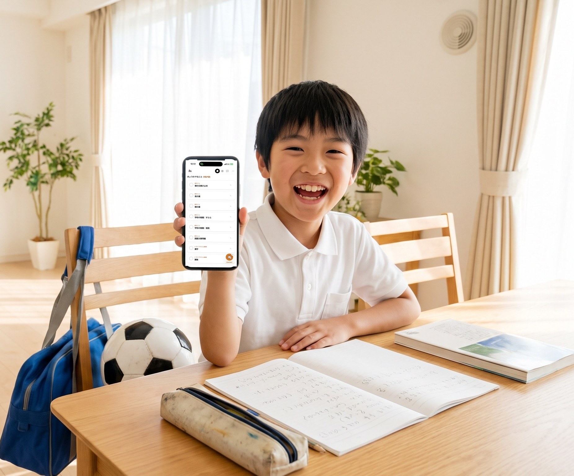 宿題を終えた小学生が、mapako の「きょうのやること」画面をスマホで見せて笑っている。机には書き終えたノートと筆箱、傍らにサッカーボールとスポーツバッグ