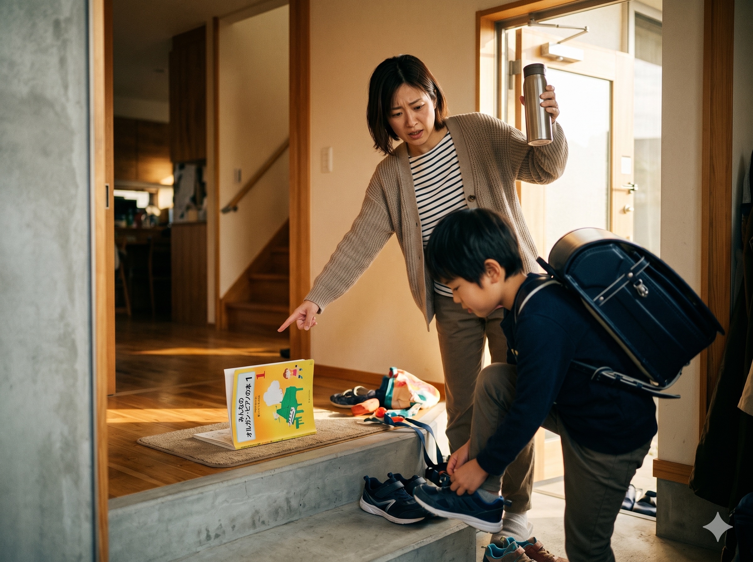 玄関で母が子どもに水筒や楽譜を渡し、 子どもが急いで靴を履いているシーン