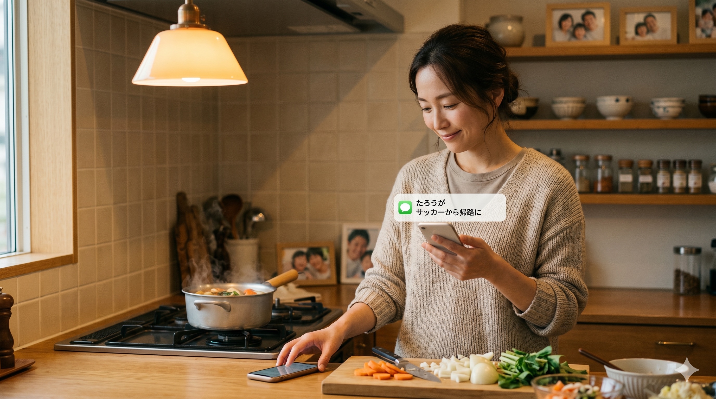 保護者が夕食の準備中にキッチンで『たろうがサッカーから帰路に』 の通知を見ている