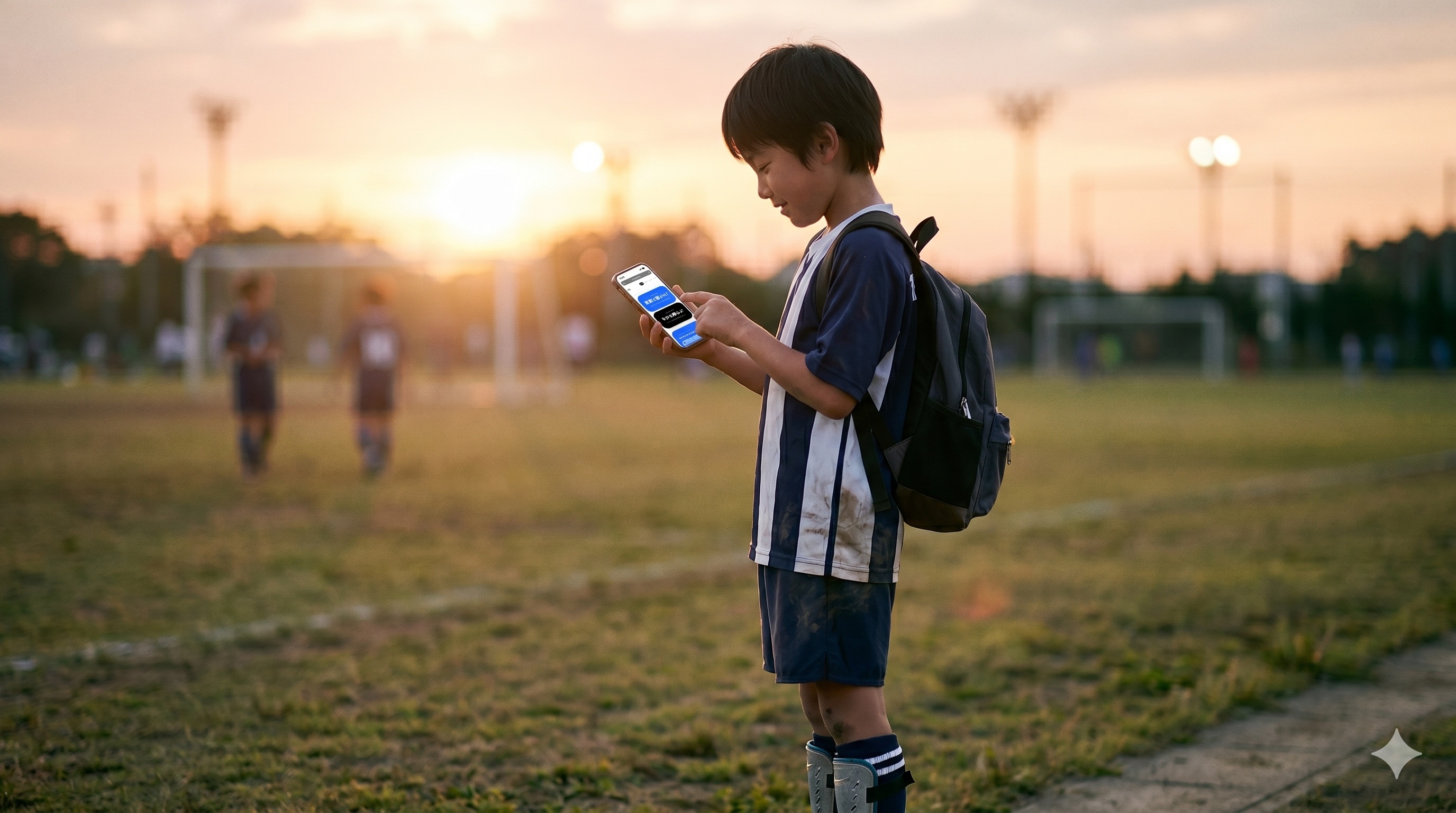 夕焼けのサッカー場で子どもがスマホで帰宅報告をしている